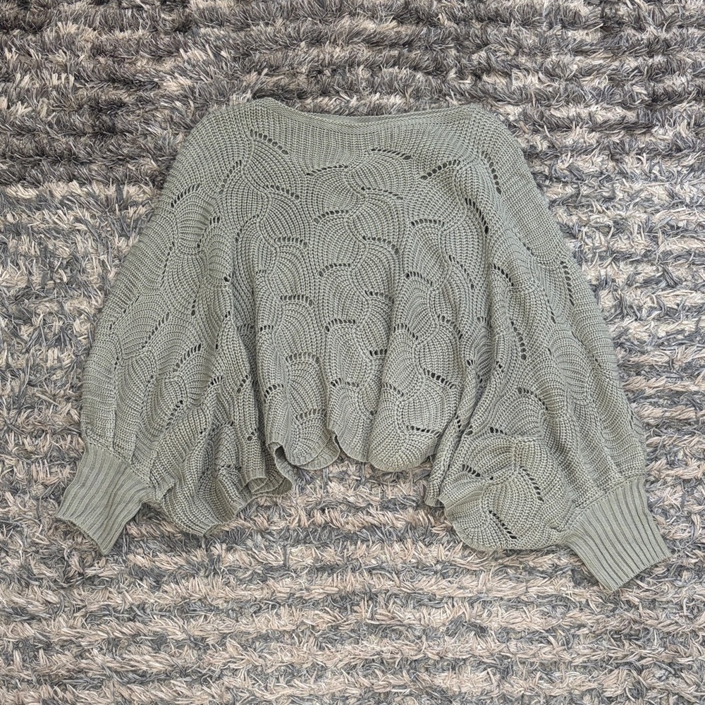 Elegant Scalloped Knit Sweater in Sage Green, Tapered Sleeves, Size XS